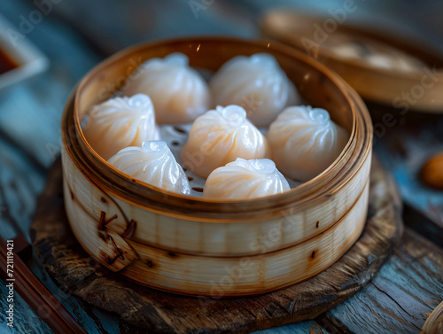 steamed dumpling dim sum in bamboo basket on wooden table, closeup, Chinese new year concept