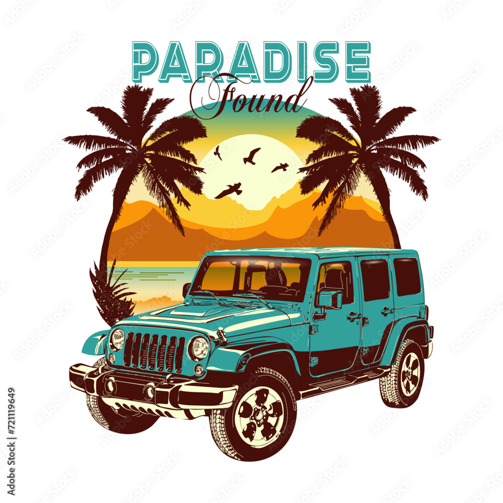 Auto on background of beach and mountains. Illustration in a circle. Retro