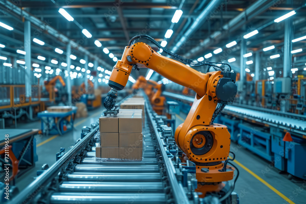 Futuristic Symphony of Automation: Robots on the Assembly Line in High-Tech Facility.