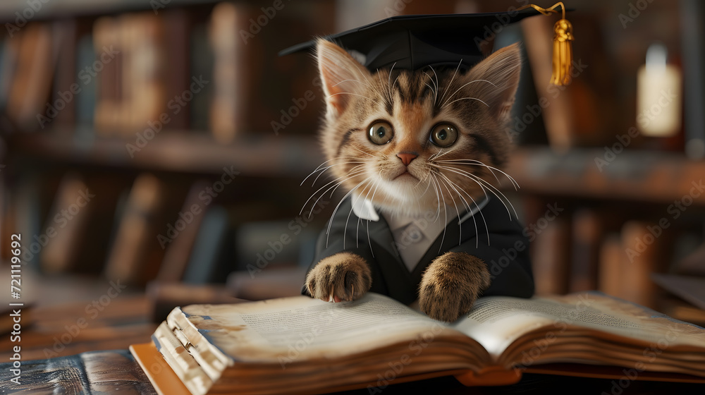 Kitten in bachelor's uniform diploma reading a book The background is a blurry book room, a cute kitten looks at the camera. Kitten in bachelor's uniform diploma reading a book The background is a blurry book room, a cute kitten looks at the camera.