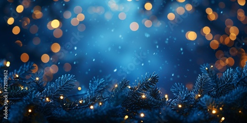 Concept for holiday lighting and décor Christmas garland bokeh lights set against a deep blue backdrop