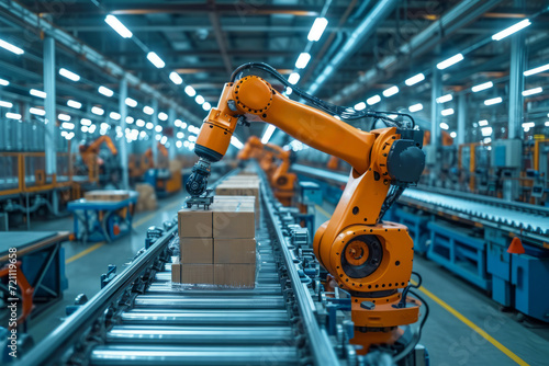 Futuristic Symphony of Automation: Robots on the Assembly Line in High-Tech Facility.