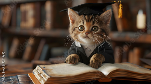 Kitten in bachelor's uniform diploma reading a book The background is a blurry book room, a cute kitten looks at the camera.