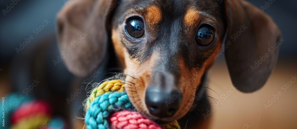 Close Up of Beautiful Dachshund Dog Chewing Toy: Close Up of Beautiful Dachshund Dog Chewing Toy: Close Up of Beautiful Dachshund Dog Chewing Toy