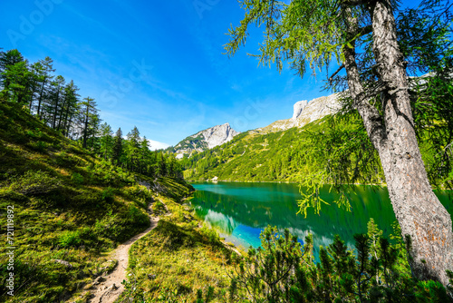 Steirersee on the high plateau of the Tauplitzalm. View of the lake at the Toten Gebirge in Styria. Idyllic landscape with mountains and a lake on the Tauplitz in Austria.
 photo