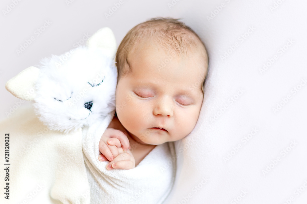 newborn baby girl in a diaper cocoon sleeping sweetly on a white isolated background with a soft toy kitten, close-up portrait newborn baby girl in a diaper cocoon sleeping sweetly on a white isolated background with a soft toy kitten, close-up portrait