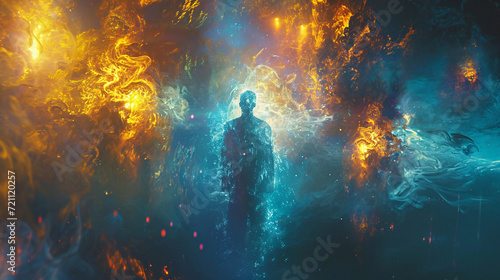 Mystical Encounter: A Man Surrounded by Ethereal Flames and Cosmic Energy - A Digital Art Masterpiece for Fantasy Lovers