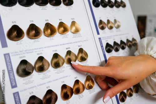 View of Woman Choosing Color from the Hair Color Chart For Hair Dye Concept