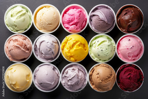 Top view set of bowls with various colorful ice cream scoops with different flavors. Generative AI