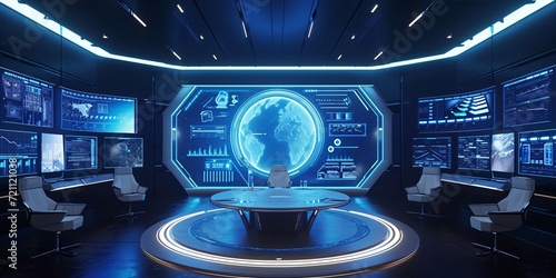 Craft a virtual meeting room background with holographic displays and futuristic furniture.