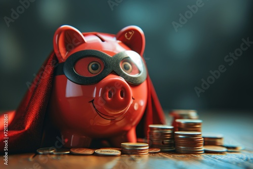 A Superhero-fied Piggy Bank Stands Tall Amidst Coins - Inspiring the 'Save Money and Become a Hero' Concept with a Message of Financial Strength and Superpowered Savings. Ample Copy Space photo