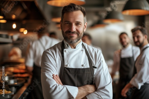 A Portrait of a Chef Standing Proudly with His Team in the Commercial Kitchen of a Restaurant - Capturing the Essence of Teamwork and Culinary Excellence