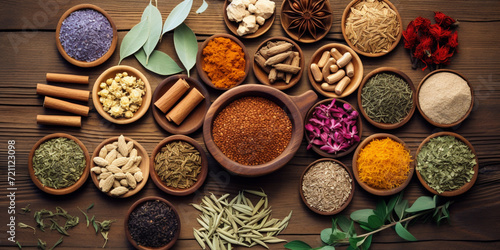 Various aromatic colourful spices and herbs Ingredients for cooking on the wooden table