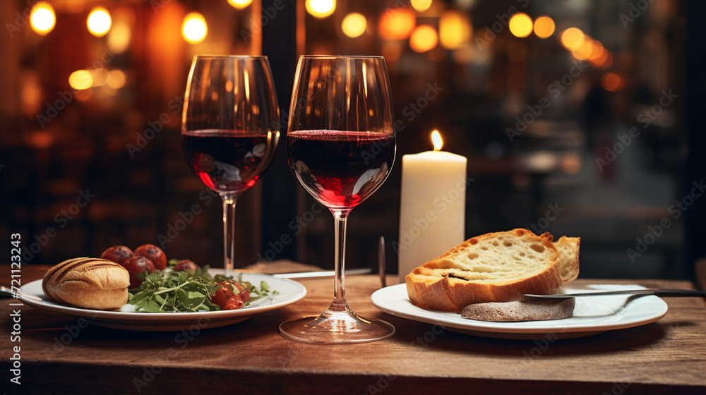 plate with a glass of red wine. selective focus. Generative AI,