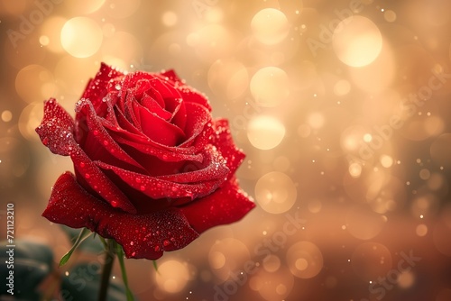 A Solitary Red Rose Unfurls  Glistening with Diamond Dewdrops  Set Against a Dreamy Bokeh Backdrop - A Captivating Image for a Valentine s Day Card or Wallpaper Concept  Enchanting the Heart
