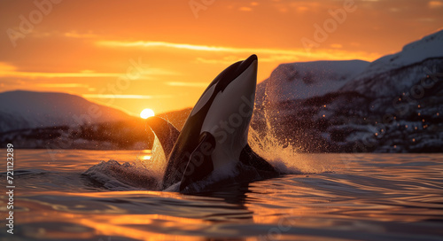 Orca killer whale jumping out of the water at sunset