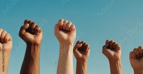 Several people of different ethnicities raised their fists in the air. A sign of unity and equality.