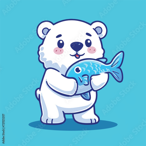 Cute Polar Bear Holding Big Fish cartoon vector illustration