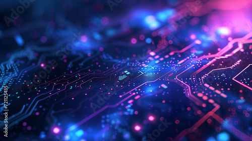 Complex circuit board with red and blue neon lights, symbolising connectivity. photo