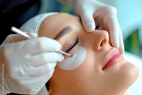 Beauty salon. Young woman undergoing procedure of eyelashes lamination photo
