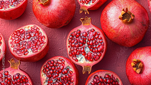 Ripe Pomegranate Fruits Opened to Reveal Juicy Seeds  Close-Up