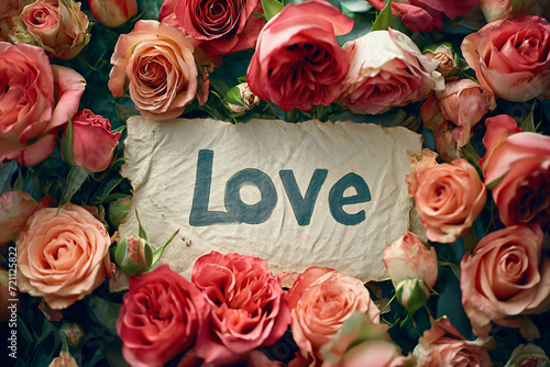 the word love spelled with wooden letters surrounded by red roses on a green background with leaves and flowers around it.