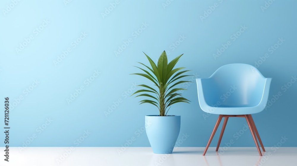 Blue chair whit potted plants decorating the  blue background. Generative Ai