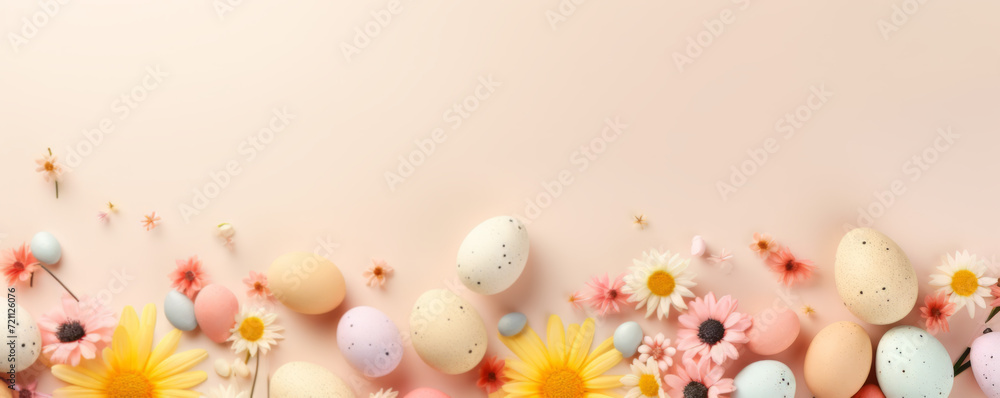 Easter eggs and spring flowers, top view Easter eggs and spring flowers, top view