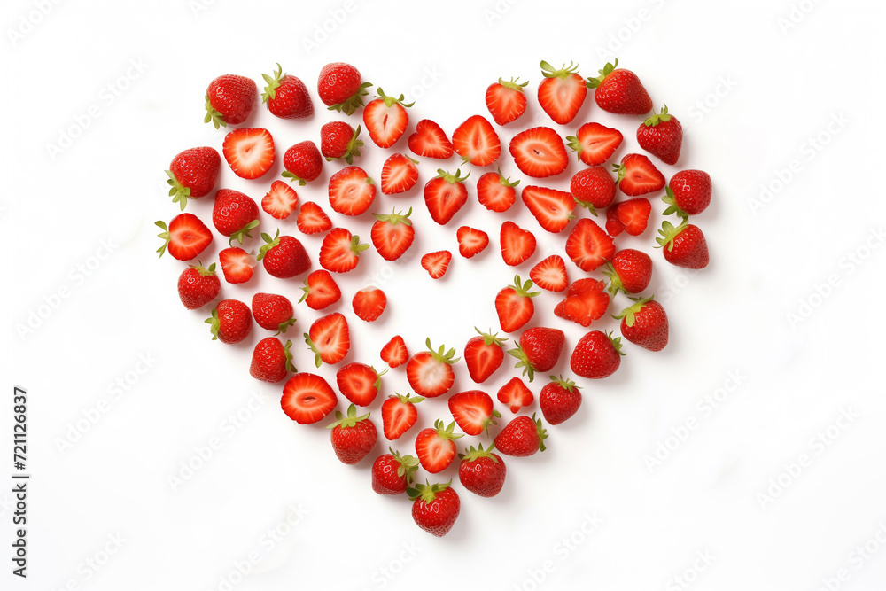 Fresh strawberries, pieces of berries laid out in the shape of a heart, top view isolated on white background Fresh strawberries, pieces of berries laid out in the shape of a heart, top view isolated on white background