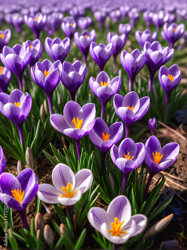 Crocus Blossom Extravaganza: A Captivating Photograph Showcasing the Vibrant Symphony of Colors in a Meadow of Springtime Crocuses, Perfect for Seasonal Concepts and Botanical Themes. generative AI