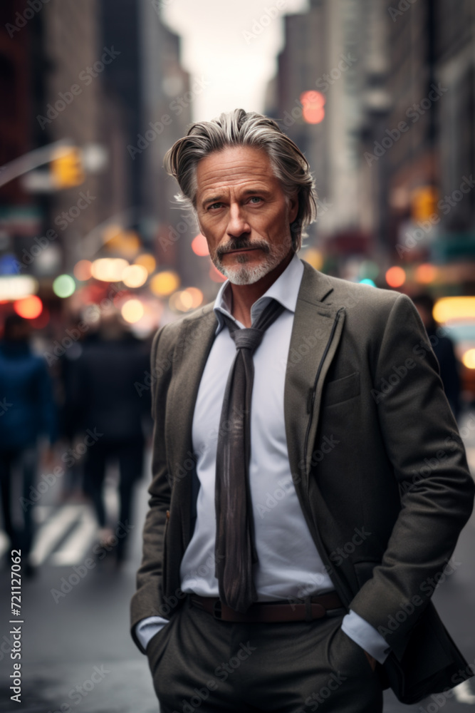 Mature businessman walking in street of big city, glass reflections Mature businessman walking in street of big city, glass reflections