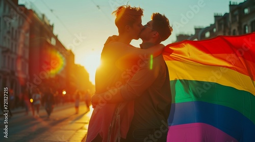 Two gay guys show their love by kissing, holding the gay flag in the middle of the street, freedom, happiness, valentine's day