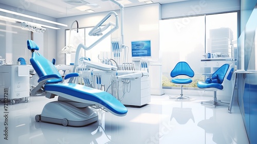 Interior of dental chair in hospital room neat and clean modern dentist clinic blue and white theme nobody