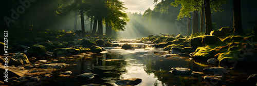 A Forest with a Small Quiet River and Golden Sunlight Penetration Into the Forest