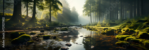 A Forest with a Small Quiet River and Golden Sunlight Penetration Into the Forest © Resdika