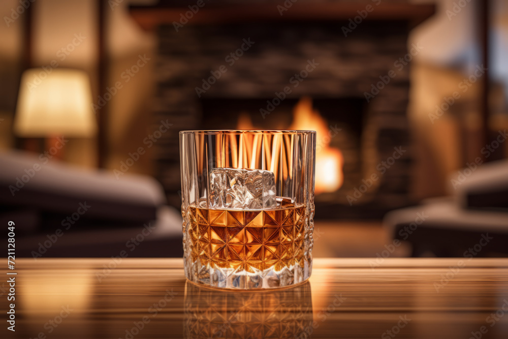 Glass of cognac or whiskey. Blur burning fireplace background. Glass of cognac or whiskey. Blur burning fireplace background.