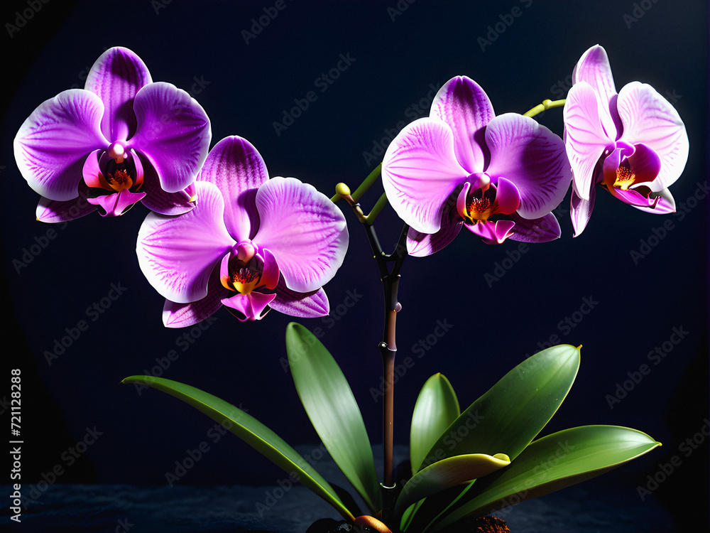 Obraz premium Mystical Purple Orchid: A Captivating Photograph of a Purple Orchid Blossom Against a Dark Background, Evoking Mystery and Elegance, Perfect for Artistic and Enigmatic Designs. generative AI