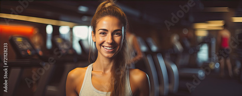 Attractive woman smiling in gym background. wide banner