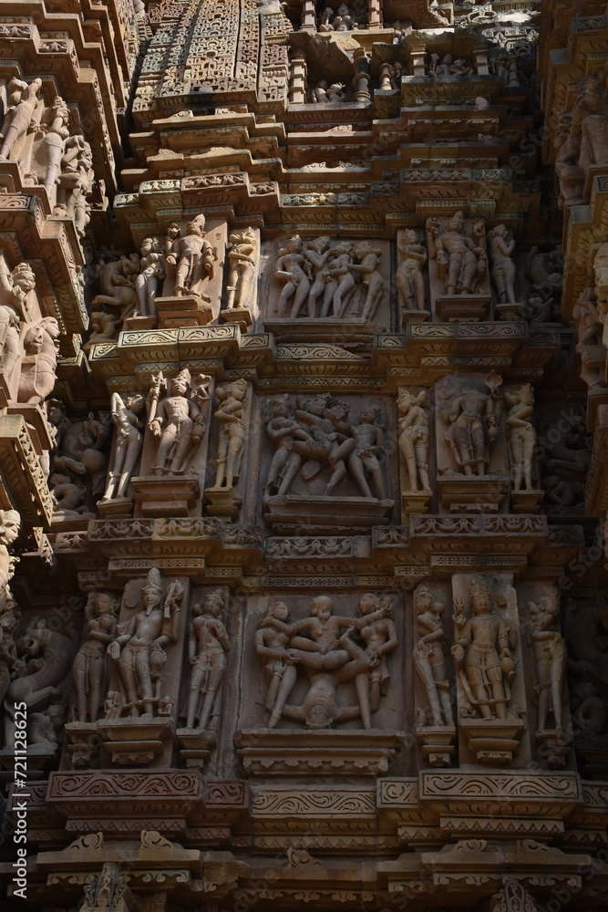 This is photo of temple at Khajuraho in India. It is example of finest art in the world. 