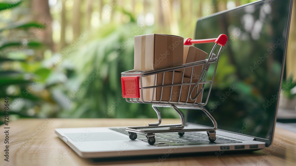 Mini Shopping Cart with Boxes on Laptop Keyboard