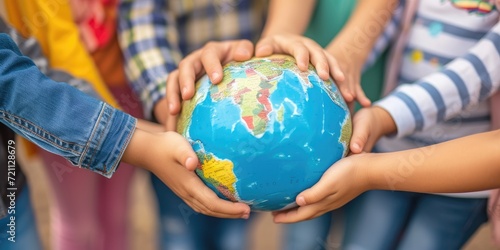 International Children's Day. Happy children of different nationalities standing around and put their hands together on globe photo