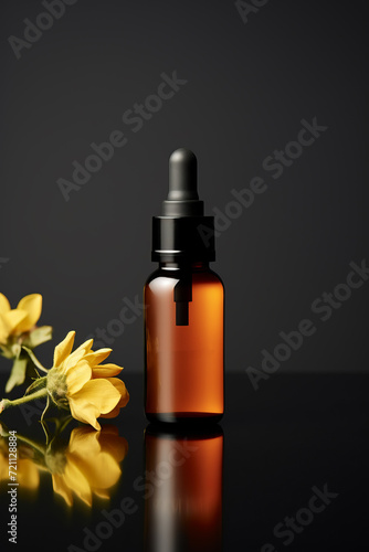 Reusable dark amber glass bottle for oil, cream, lotion or serum on a minimalistic background with  shadows and plants.