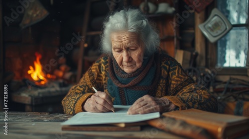An old woman writes a letter sitting at an old oak table against the background of a fireplace