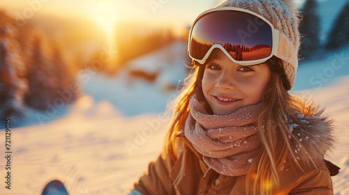 A young beautiful girl rides a snowboard and sunbathes