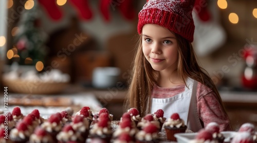 Beautiful girl 12 years old bakes holiday cupcakes in the kitchen