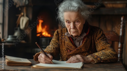 An old woman writes a letter sitting at an old oak table against the background of a fireplace