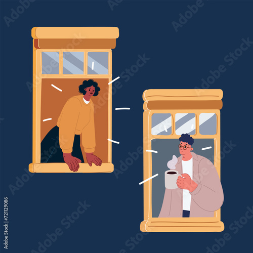 Cartoon vector illustration of woman with a mug in her hands dreamy looks out the window at the evening. People with mug near windows