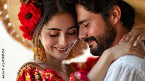 Beautiful Spanish young couple dancing in national costumes Latin dance