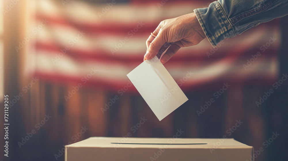 Close-up of a voter's hand placing a ballot into a voting box with the American flag in the background, symbolizing democratic participation. Close-up of a voter's hand placing a ballot into a voting box with the American flag in the background, symbolizing democratic participation.