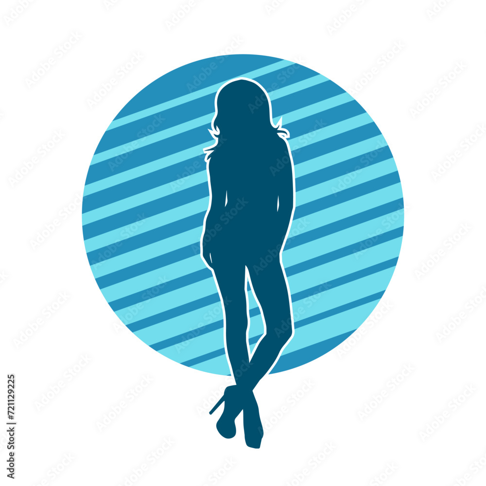 Silhouette of a young slim female model in tight outfit. Silhouette of a slim woman in feminine pose.